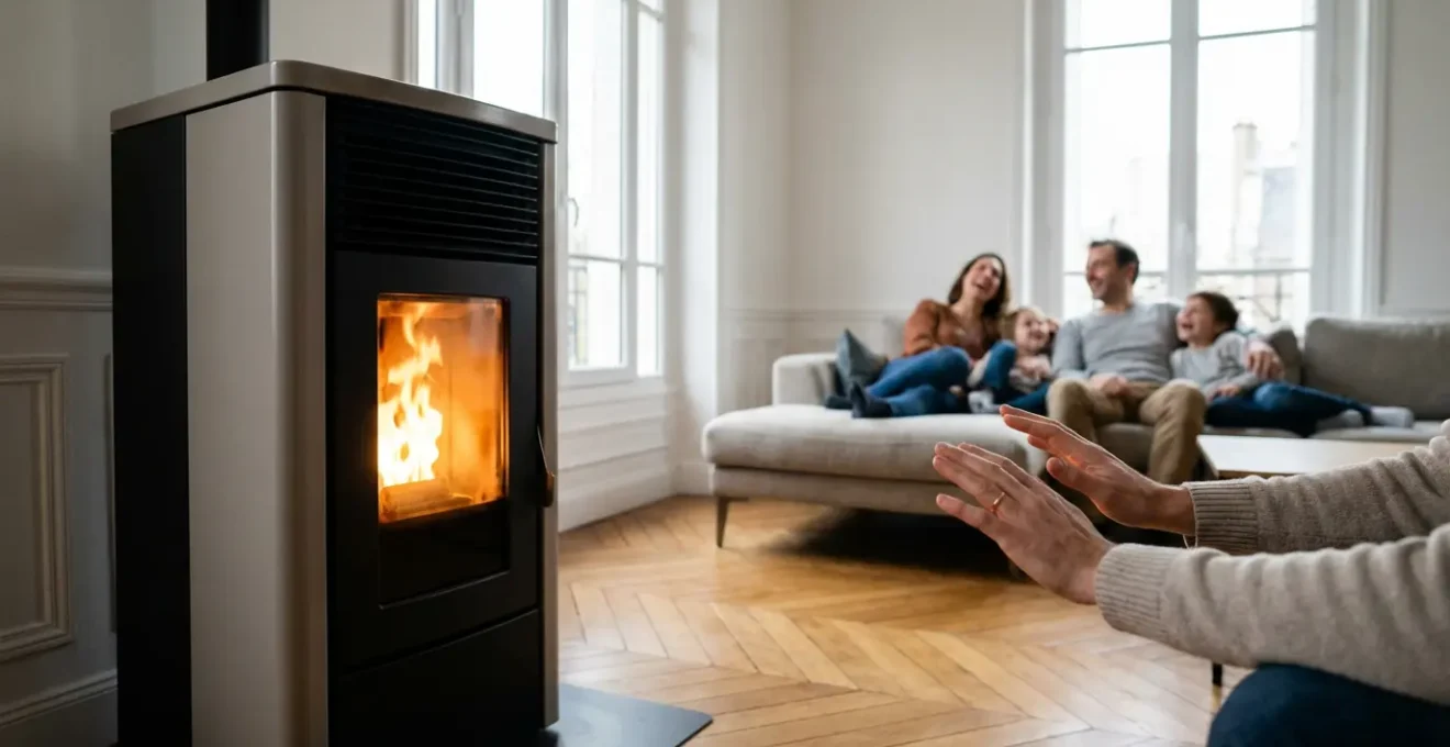 Poêle à granulés moderne en fonctionnement dans un salon français contemporain