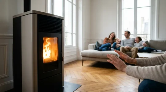 Poêle à granulés moderne en fonctionnement dans un salon français contemporain