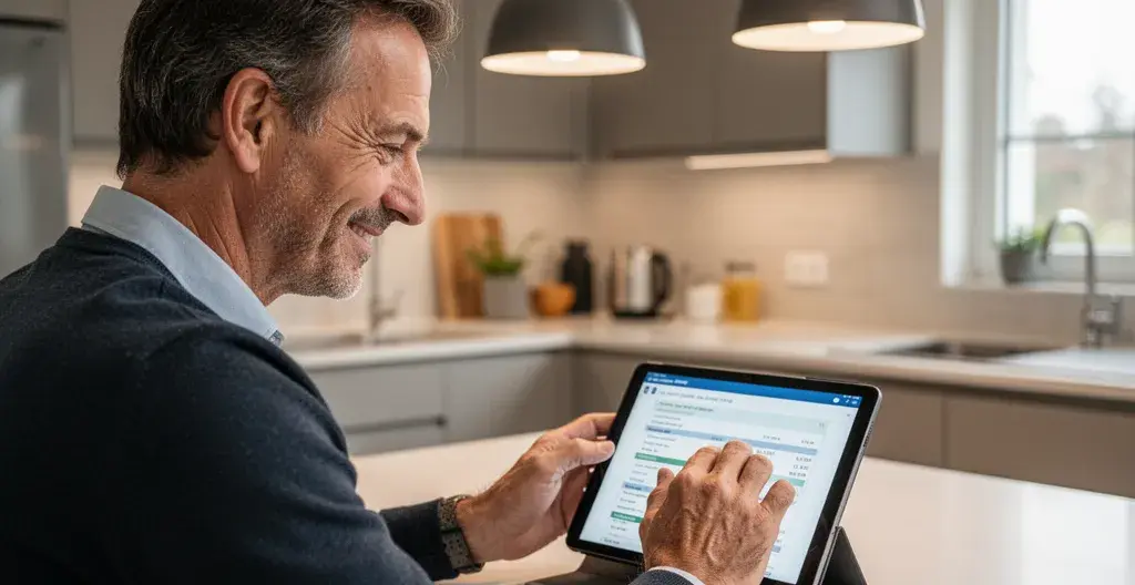 Propriétaire français consultant ses factures d'énergie sur tablette dans sa cuisine