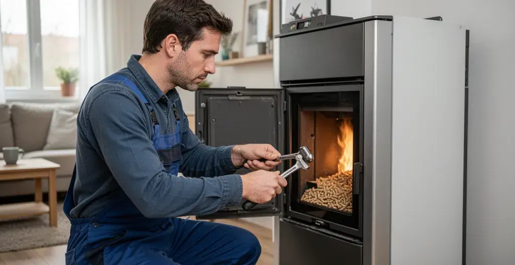 Technicien effectuant l'entretien annuel d'un poêle à granulés dans un salon