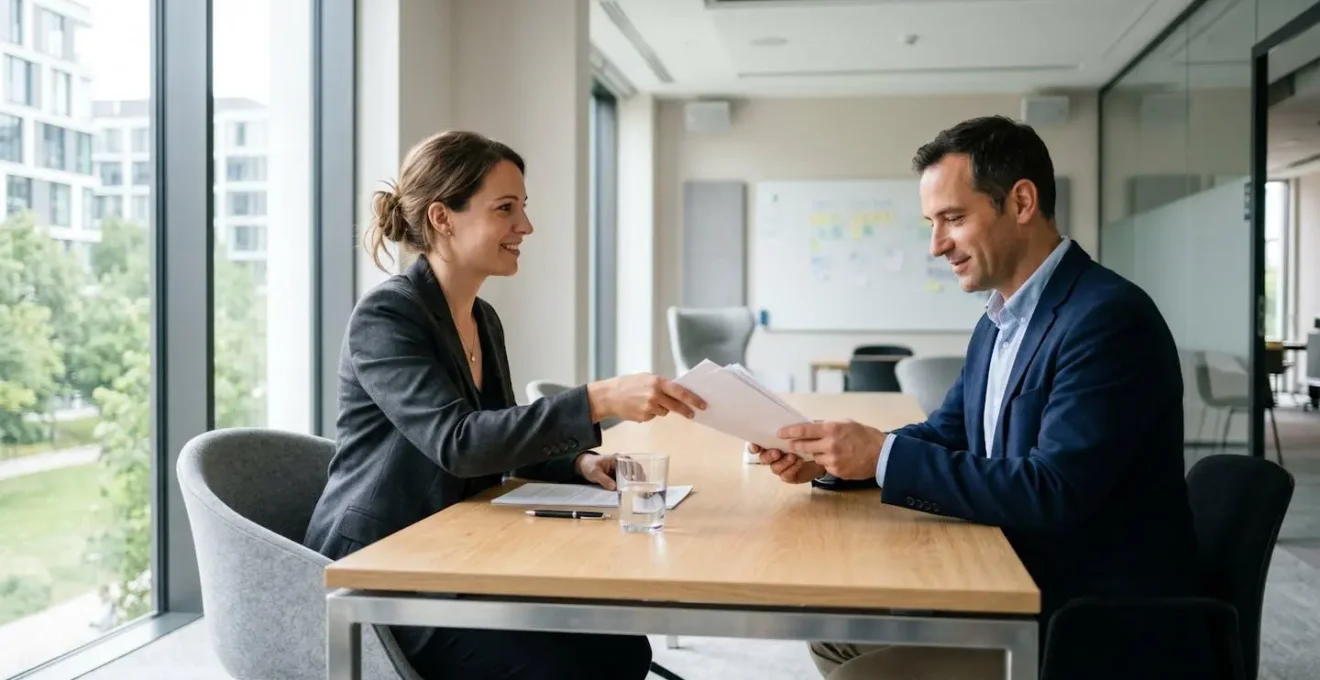 Deux professionnels vus de profil échangeant des documents sur une table dans une salle de réunion lumineuse avec lumière naturelle douce