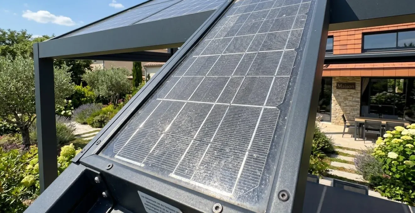 Gros plan sur les cellules photovoltaïques d'une pergola solaire moderne avec reflets lumineux et arrière-plan jardin flouté