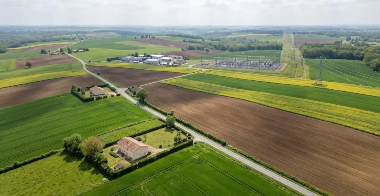 Vue aérienne d'un champ agricole français avec des lignes électriques haute tension traversant le paysage et un poste source visible à l'horizon sous une lumière naturelle douce