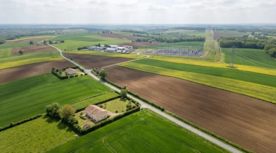 Vue aérienne d'un champ agricole français avec des lignes électriques haute tension traversant le paysage et un poste source visible à l'horizon sous une lumière naturelle douce