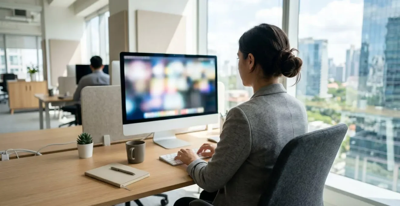 Professionnel vu de dos devant un écran d'ordinateur avec interface technique floutée dans un bureau moderne lumineux avec lumière naturelle de fenêtre