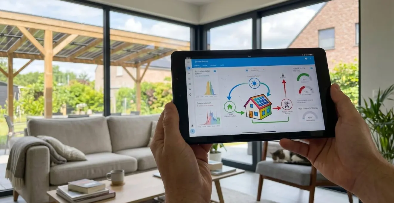 Vue large d'une terrasse résidentielle française moderne équipée d'une pergola avec panneaux solaires intégrés, mobilier extérieur contemporain et jardin paysagé en plein jour