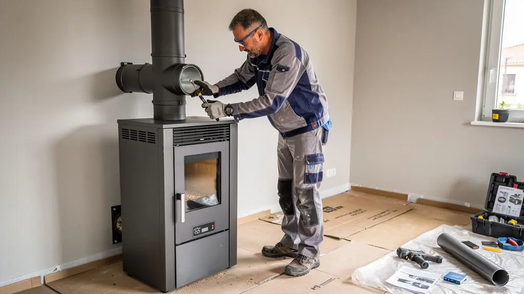 Technicien chauffagiste raccordant le conduit d'évacuation d'un poêle hybride lors d'une installation dans une maison française
