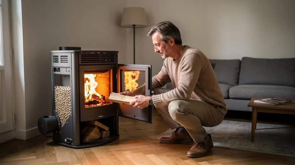 Propriétaire chargeant une bûche dans un poêle hybride bois-granulés installé dans un salon contemporain français