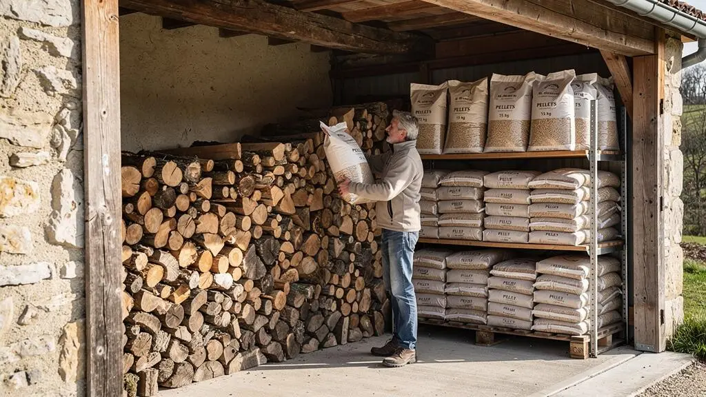 Espace de stockage dans une maison rurale française montrant des bûches empilées d'un côté et des sacs de granulés rangés de l'autre