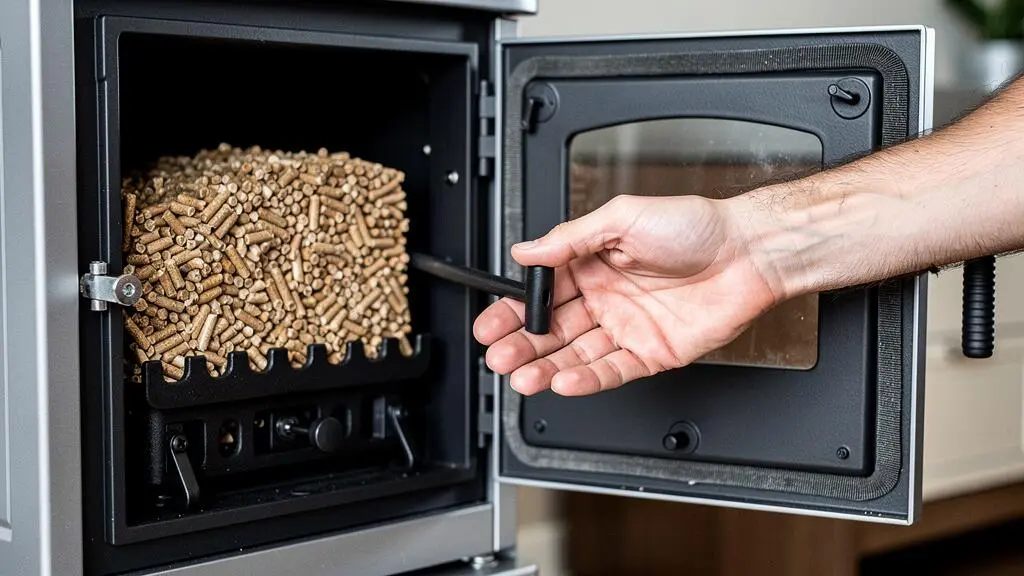 Gros plan sur le système double combustion d'un poêle hybride montrant le réservoir à granulés et la chambre de combustion bois
